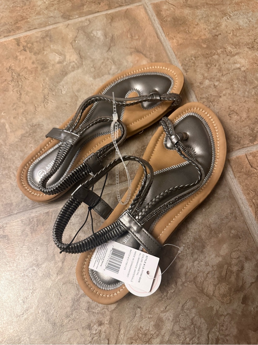 Ashley Blue Gunmetal Braided Rhinestone Comfort Sandals Sz 11 Metallic NWT - Picture 2 of 6